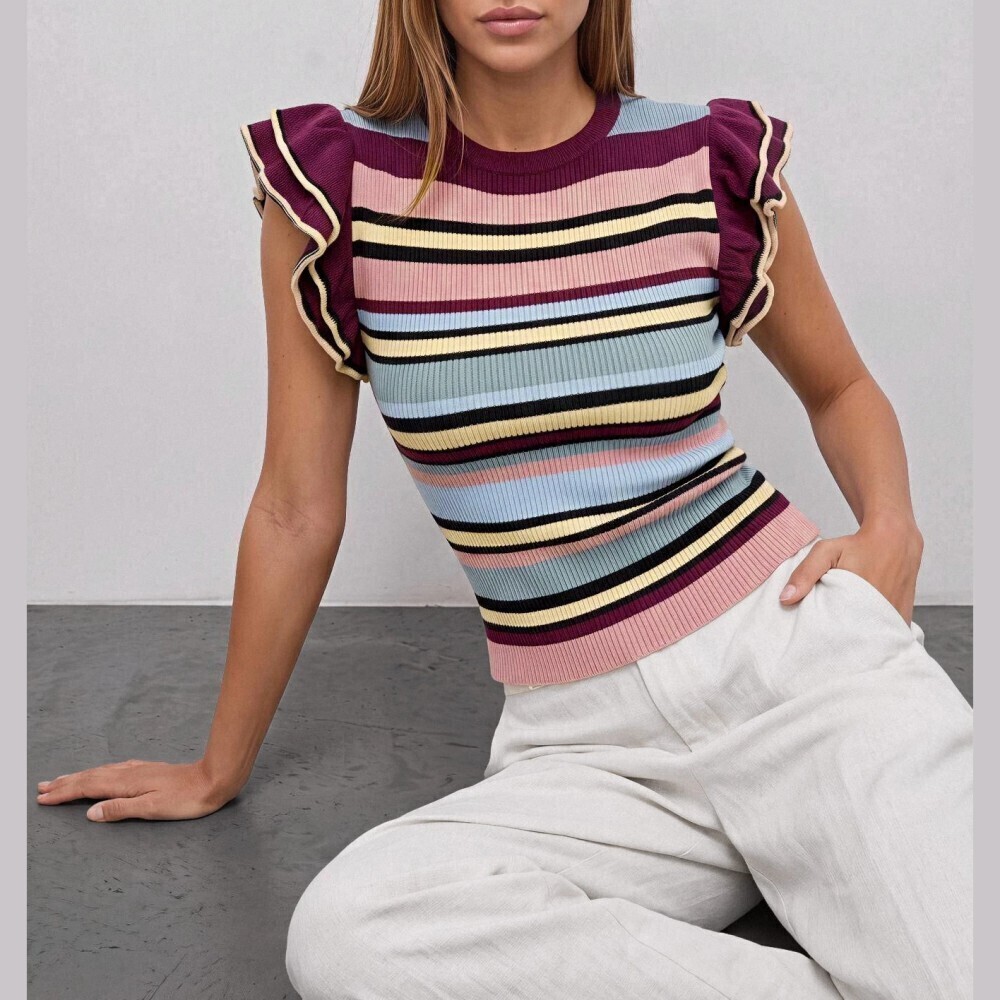 Multicolor Striped Ribbed Knit Ruffle Sleeve Top - Picture 9 of 9